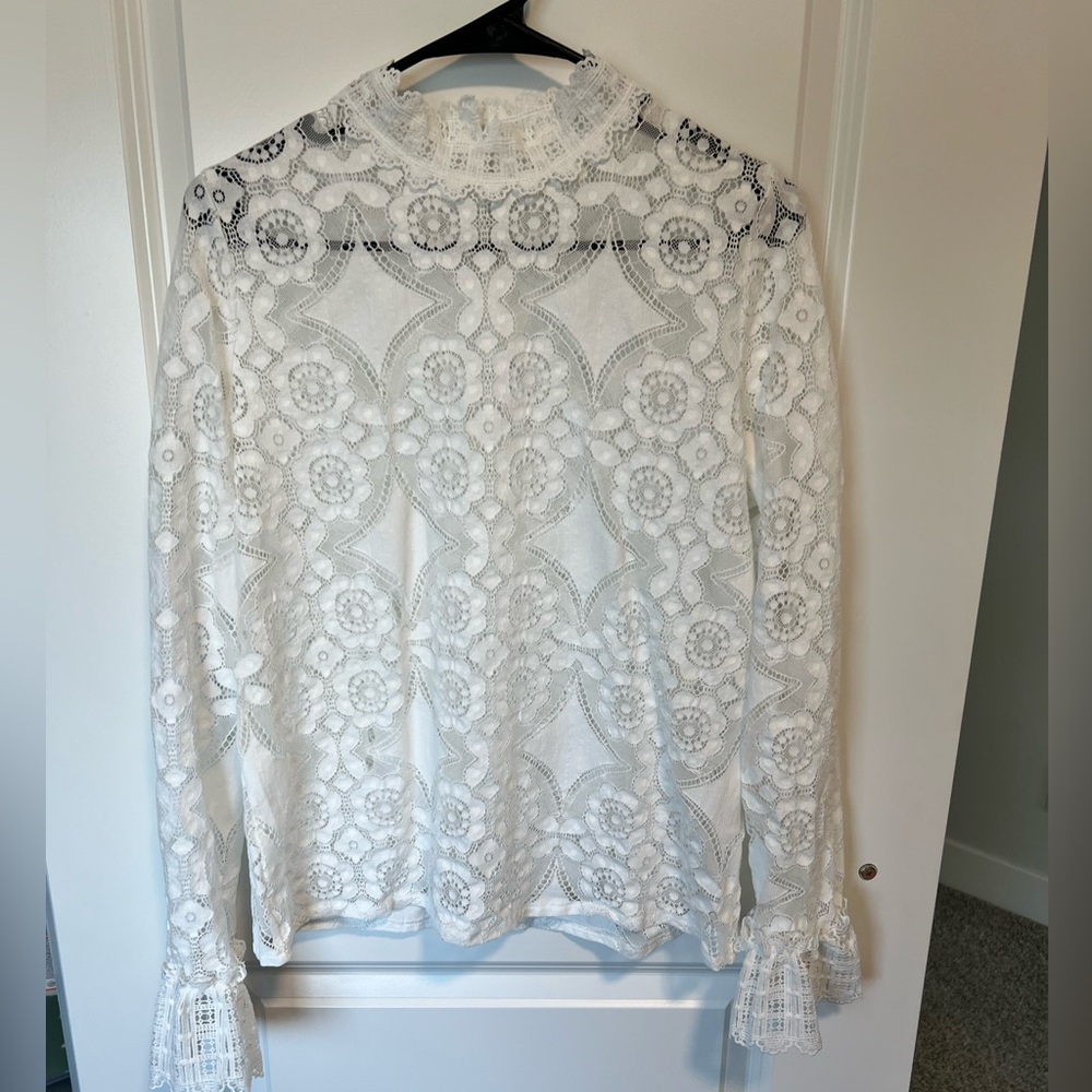 White lace long sleeve top, with mock neck.